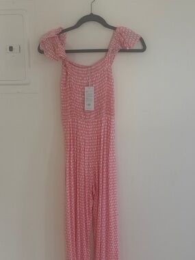 Pink Patterned Off-Shoulder Jumpsuit